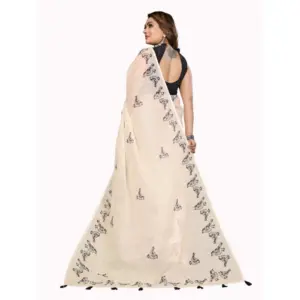 Women's Linen Cotton Printed Saree – Off White