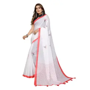 Women's Linen Cotton Printed Saree – White