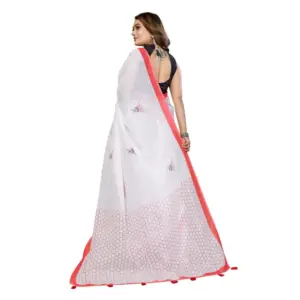 Women's Linen Cotton Printed Saree – White