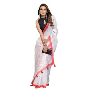 Women's Linen Cotton Printed Saree – White