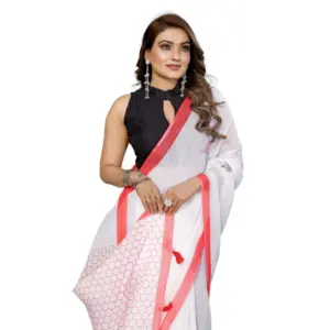 Women's Linen Cotton Printed Saree – White