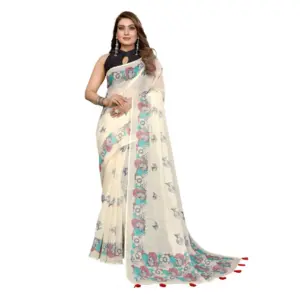 Women's Linen Cotton Printed Saree – Off White