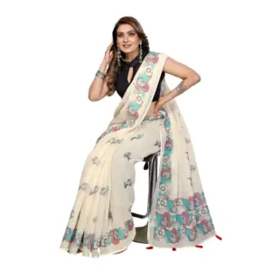 Women's Linen Cotton Printed Saree – Off White