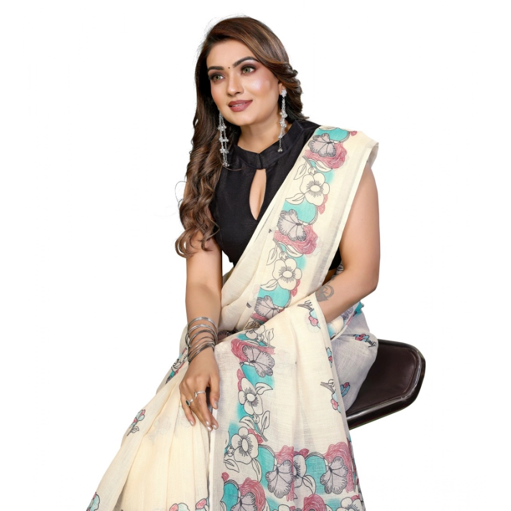 Women's Linen Cotton Printed Saree – Off White