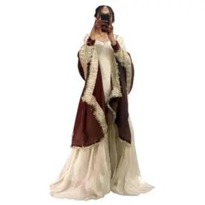 Generic Women's Silk Embroidered 3/4th Sleeve V-Neck Kurti With Sharara Pant and Dupatta Set (Cream & Brown)
