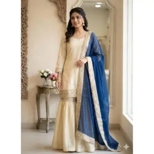 Generic Women's Silk Embroidered 3/4th Sleeve V-Neck Kurti With Sharara Pant and Dupatta Set (Cream & Blue)