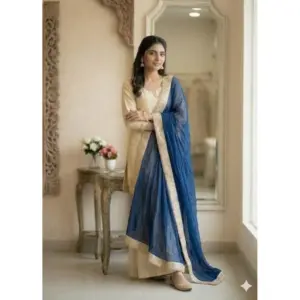 Generic Women's Silk Embroidered 3/4th Sleeve V-Neck Kurti With Sharara Pant and Dupatta Set (Cream & Blue)