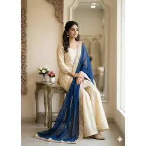 Generic Women's Silk Embroidered 3/4th Sleeve V-Neck Kurti With Sharara Pant and Dupatta Set (Cream & Blue)