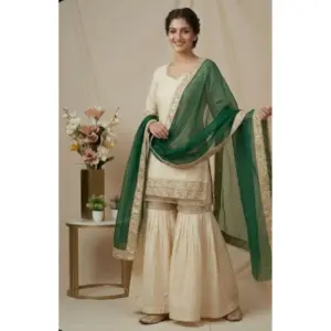 Generic Women's Silk Embroidered 3/4th Sleeve V-Neck Kurti With Sharara Pant and Dupatta Set (Cream & Bottle Green)