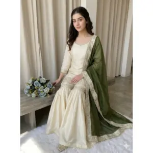 Generic Women's Silk Embroidered 3/4th Sleeve V-Neck Kurti With Sharara Pant and Dupatta Set (Cream & Green)