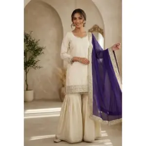 Generic Women's Silk Embroidered 3/4th Sleeve V-Neck Kurti With Sharara Pant and Dupatta Set (Cream & Purple)