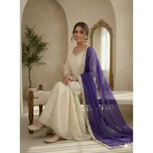Generic Women's Silk Embroidered 3/4th Sleeve V-Neck Kurti With Sharara Pant and Dupatta Set (Cream & Purple)
