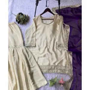 Generic Women's Silk Embroidered 3/4th Sleeve V-Neck Kurti With Sharara Pant and Dupatta Set (Cream & Purple)