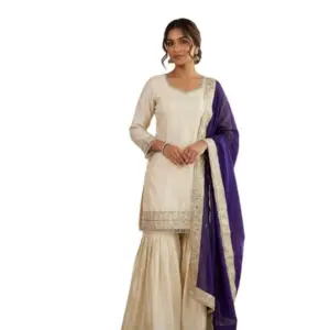 Generic Women's Silk Embroidered 3/4th Sleeve V-Neck Kurti With Sharara Pant and Dupatta Set (Cream & Purple)