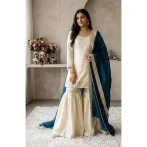 Generic Women's Silk Embroidered 3/4th Sleeve V-Neck Kurti With Sharara Pant and Dupatta Set (Cream & Teal)