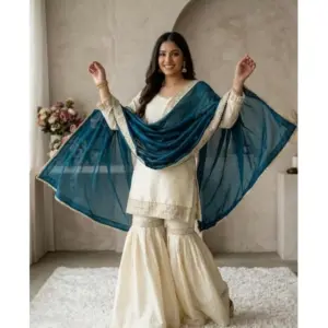 Generic Women's Silk Embroidered 3/4th Sleeve V-Neck Kurti With Sharara Pant and Dupatta Set (Cream & Teal)