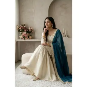 Generic Women's Silk Embroidered 3/4th Sleeve V-Neck Kurti With Sharara Pant and Dupatta Set (Cream & Teal)