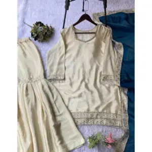 Generic Women's Silk Embroidered 3/4th Sleeve V-Neck Kurti With Sharara Pant and Dupatta Set (Cream & Teal)