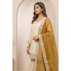 Generic Women's Silk Embroidered 3/4th Sleeve V-Neck Kurti With Sharara Pant and Dupatta Set (Cream & Yellow)