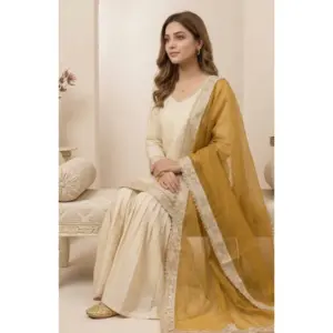 Generic Women's Silk Embroidered 3/4th Sleeve V-Neck Kurti With Sharara Pant and Dupatta Set (Cream & Yellow)