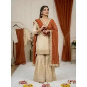 Generic Women's Silk Embroidered 3/4th Sleeve V-Neck Kurti With Sharara Pant and Dupatta Set (Cream & Orange)