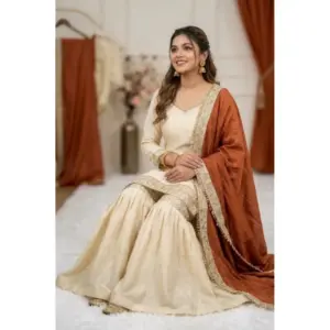 Generic Women's Silk Embroidered 3/4th Sleeve V-Neck Kurti With Sharara Pant and Dupatta Set (Cream & Orange)