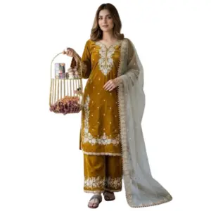 Generic Women's Silk Embroidered 3/4th Sleeve Round Kurti With Palazzo Pant and Dupatta Set (Gold)