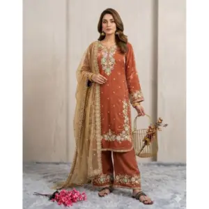 Generic Women's Silk Embroidered 3/4th Sleeve Round Kurti With Palazzo Pant and Dupatta Set (Orange)