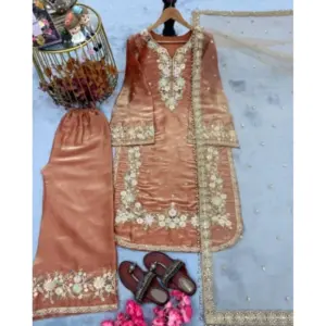Generic Women's Silk Embroidered 3/4th Sleeve Round Kurti With Palazzo Pant and Dupatta Set (Orange)