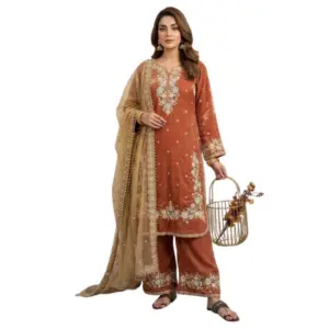 Generic Women's Silk Embroidered 3/4th Sleeve Round Kurti With Palazzo Pant and Dupatta Set (Orange)