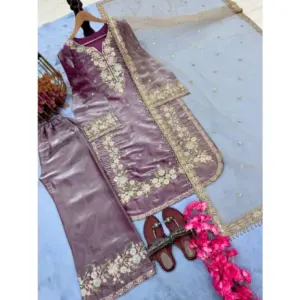 Generic Women's Silk Embroidered 3/4th Sleeve Round Kurti With Palazzo Pant and Dupatta Set (Lavender)