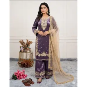 Generic Women's Silk Embroidered 3/4th Sleeve Round Kurti With Palazzo Pant and Dupatta Set (Purple)