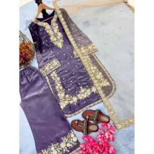 Generic Women's Silk Embroidered 3/4th Sleeve Round Kurti With Palazzo Pant and Dupatta Set (Purple)