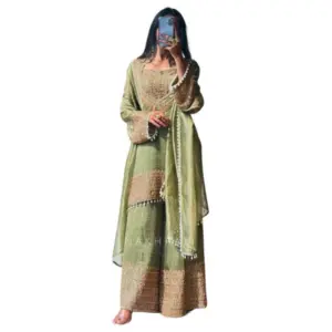 Generic Women's Silk Embroidered 3/4th Sleeve Round Kurti With Sharara Pant and Dupatta Set (Green)