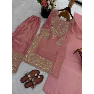 Generic Women's Silk Embroidered 3/4th Sleeve Round Kurti With Sharara Pant and Dupatta Set (Pink)
