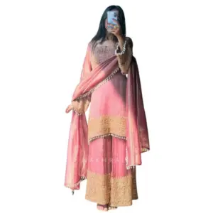 Generic Women's Silk Embroidered 3/4th Sleeve Round Kurti With Sharara Pant and Dupatta Set (Pink)