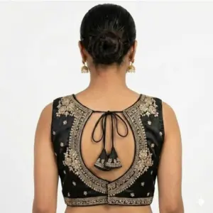 Generic Women's Silk Embroidered V-Neck Sleeveless Readymade Padded Blouse (Black, Size 38)