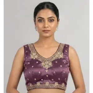 Generic Women's Silk Embroidered V-Neck Sleeveless Readymade Padded Blouse (Purple, Size 38)