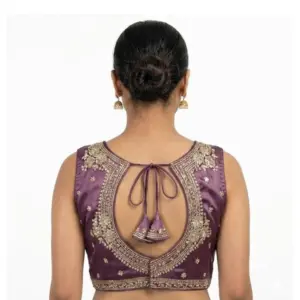 Generic Women's Silk Embroidered V-Neck Sleeveless Readymade Padded Blouse (Purple, Size 38)