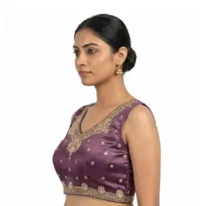 Generic Women's Silk Embroidered V-Neck Sleeveless Readymade Padded Blouse (Purple, Size 38)