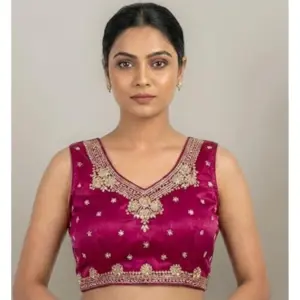 Generic Women's Silk Embroidered V-Neck Sleeveless Readymade Padded Blouse (Pink, Size 38)