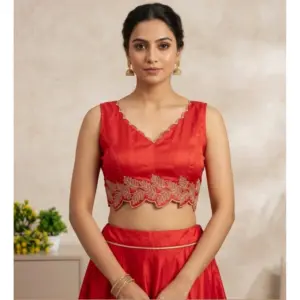 Generic Women's Silk Embroidered Sweetheart Neck Sleeveless Readymade Padded Blouse (Red, Size 38)