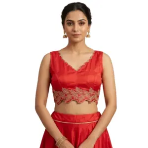 Generic Women's Silk Embroidered Sweetheart Neck Sleeveless Readymade Padded Blouse (Red, Size 38)