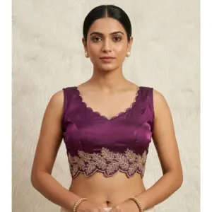 Generic Women's Silk Embroidered Sweetheart Neck Sleeveless Readymade Padded Blouse (Wine, Size 38)