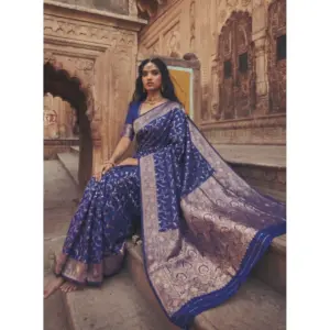 Women's Art Silk Printed Saree with Blouse – Navy Blue