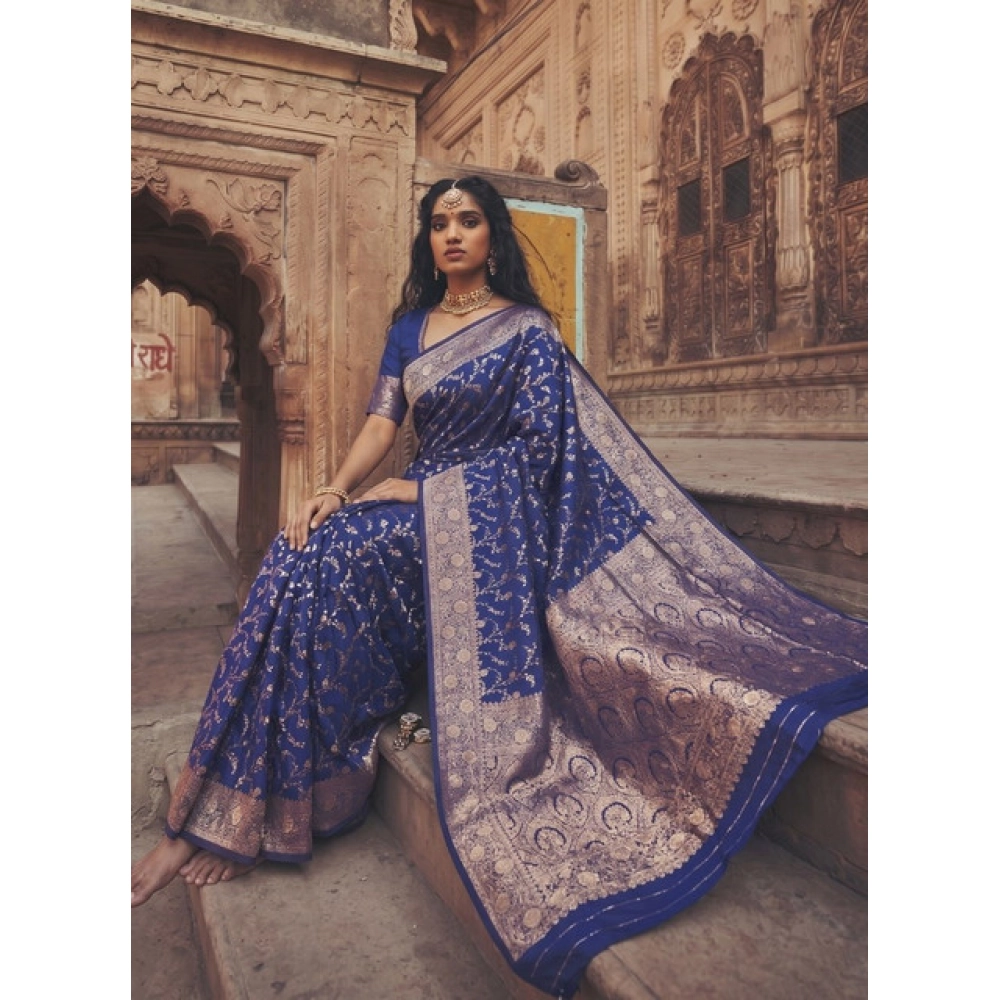 Women's Art Silk Printed Saree with Blouse – Navy Blue