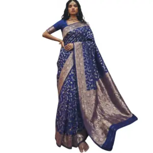 Women's Art Silk Printed Saree with Blouse – Navy Blue