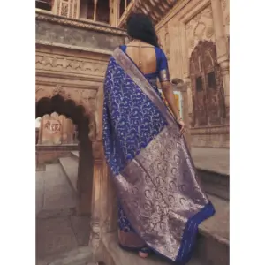 Women's Art Silk Printed Saree with Blouse – Navy Blue