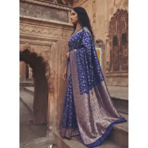 Women's Art Silk Printed Saree with Blouse – Navy Blue