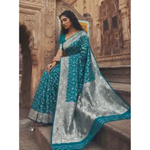 Women's Art Silk Printed Saree with Blouse – Teal